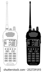 Portable radio transmitter - walkie talkie - black and white vector isolated