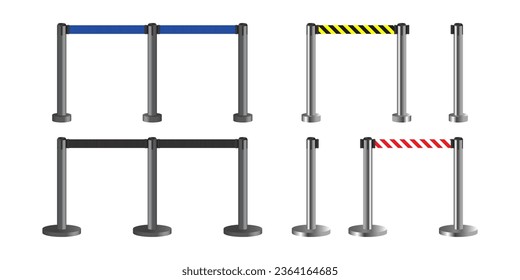 Portable Retractable Belt Barriers. Realistic black, blue, yellow and red retractable ribbon barrier. Crowd control barrier posts with Fillable strap. Queue Barriers for Crowd Control. Vector.