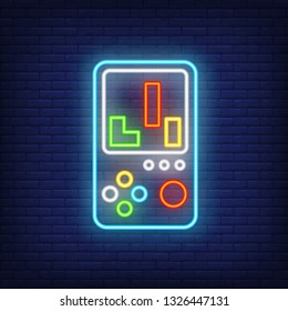 Portable retro tetris videogame console neon sign. Video game and entertainment design. Night bright neon sign, colorful billboard, light banner. Vector illustration in neon style.