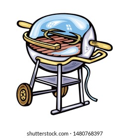 Portable round barbecue grill icon on white background. Two firewoods laying on lower shelf. Vector illustration of grill device.