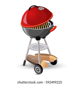 Portable round barbecue with red cap bbq grill icon on white background. Two firewoods laying on lower shelf. Vector illustration of grill device.
