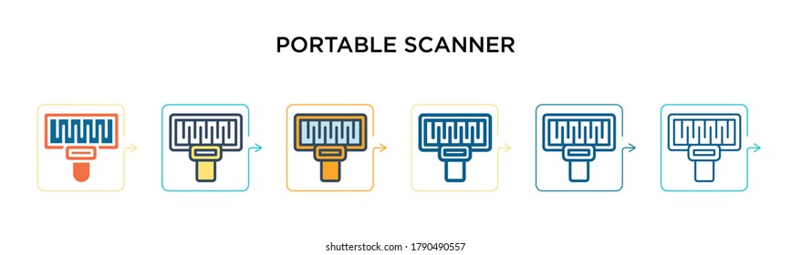 Icono vector de escáner portátil en 6 estilos modernos diferentes. Iconos de escáner portátil de color negro, de dos colores, diseñados con un estilo relleno, contorno, línea y trazo. La ilustración vectorial puede utilizarse para la web, 