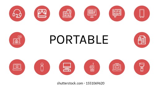 portable simple icons set. Contains such icons as Headphones, Stage, Laptop, Computer, Monitor, Mirror, Usb, Walkie talkie, Flashlight, Flash drive, can be used for web, mobile and logo