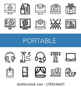 conjunto de iconos simples portátiles. Contiene iconos como Pantalla, Computadora, Flash Drive, Laptop, Stage, Freezer, Tablet, Auriculares, Bomba de aire, Fridge, que se pueden usar para web, móvil y logotipo