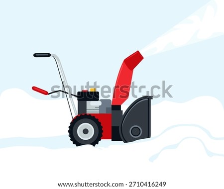 Portable snow blower. Snow removal in winter. Vector cartoon flat illustration.
