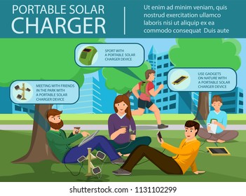 Portable Solar Charger. Solar Panel and Power Generation System. People Charges Smartphone from Solar Recharge Battery. Ecological Renewable charging System. Flat Design Vector Concept Illustration.