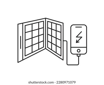 Icono de panel solar portátil, signo. Estación de energía recargable. Convierta la luz solar en energía limpia. Sistema de generadores. Fácil de llevar y usar. Ilustración vectorial editable en el estilo de contorno