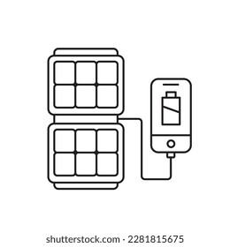 Icono de panel solar portátil, signo. Estación de energía recargable. Convierta la luz solar en energía limpia. Sistema de generadores. Fácil de llevar y usar. Ilustración vectorial editable en el estilo de contorno