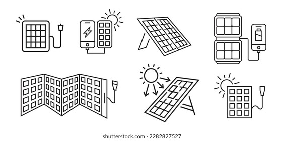 Portable solar panel icon, sign. Rechargeable power station. Convert the sunlight into clean energy. Generator system. Easy carry and use. Editable vector illustration in outline style