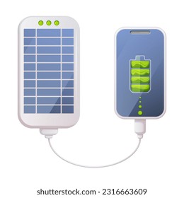 Portable solar panel for phone charging. Alternative, eco friendly, sustainable, renewable energy source. Concept of zero emissions by 2050, co2 neutral, net zero. Vector Illustration