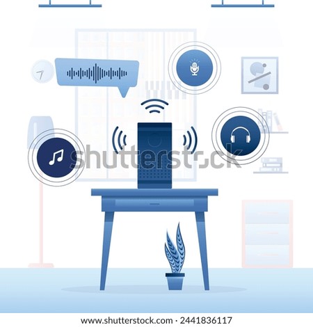 Portable sound system at home. Music column, voice assistant on table. Part of smart home. Full access for online playing music, podcasts and audio files. Wireless technology. Acoustic system. Vector