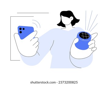 Portable speaker abstract concept vector illustration. Person holding smartphone and small speaker, gadgets innovation industry, wireless connection, mobile technology abstract metaphor.