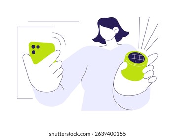 Portable speaker abstract concept vector illustration. Person holding smartphone and small speaker, gadgets innovation industry, wireless connection, mobile technology abstract metaphor.