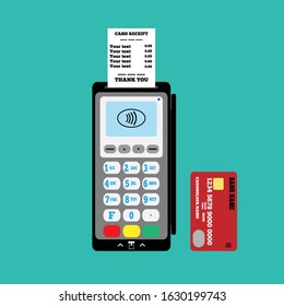 Portable terminal for contactless payment, a cash receipt template and plastic Bank card. Flat vector illustration.
