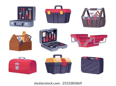 Portable toolboxes. Plastic containers for professional equipment exact vector tools for diy serviceman or builders