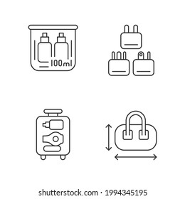 Portable travel essentials linear icons set. Compact bag. Traveller plugs. Open suitcase. Customizable thin line contour symbols. Isolated vector outline illustrations. Editable stroke