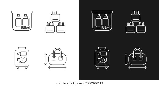 Portable travel essentials linear icons set for dark and light mode. Compact bag. Traveller plugs. Customizable thin line symbols. Isolated vector outline illustrations. Editable stroke