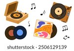 Portable turntable with vinyl LP disc. Retro music record player in suitcase of 50s. Old gramophone with analog grooved LP disc. Flat vector illustration of phonograph isolated on white background