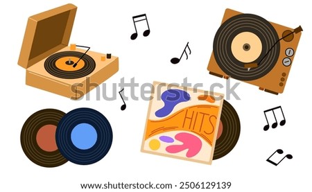 Portable turntable with vinyl LP disc. Retro music record player in suitcase of 50s. Old gramophone with analog grooved LP disc. Flat vector illustration of phonograph isolated on white background