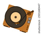 Portable turntable with vinyl playing. Retro music record player in suitcase of 50s. Old gramophone with analog grooved LP disc. Flat vector illustration of phonograph isolated on white background