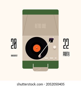Portable turntable with vinyl playing. Retro music record player in suitcase of 50s. Old gramophone with analog grooved LP disc. Party concept. 