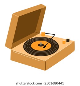 Portable turntable with vinyl playing. Retro music record player in suitcase of 50s. Old gramophone with analog grooved LP disc. Flat vector illustration of phonograph isolated on white background