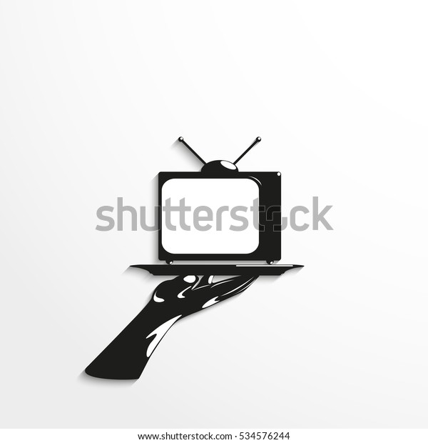 Portable TV  on a tray. Vector illustration. Black\
and white view.