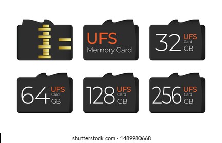 Portable Universal Flash Storage Memory Card. Set Of Different Capacity, Top And Bottom View. Vector Illustration EPS10.