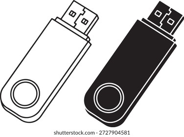 Iconos de unidad flash USB portátil que muestran el contorno y las versiones llenas Memoria de almacenamiento de datos Stick de información digital Símbolo de tecnología portadora Dispositivo periférico de computación Componente electrónico esencial Sistema de copia de seguridad de medios de almacenamiento extraíble Hardware Elemento gráfico Ilustración