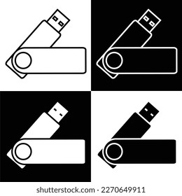 Portable USB Flash icons set on white and black background. USB Drive sign symbol. Concept object web, service, and communication. Solid color, Line, outline and linear icon. Vector Illustration.