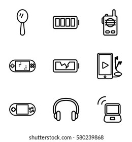 portable vector icons. Set of 9 portable outline icons such as mirror, phone and earphones, headset, ful battery, broken battery, laptop signal