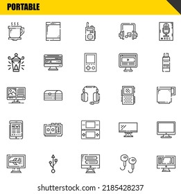 portable vector line icons set. coffee cup, computer and computer Icons. Thin line design. Modern outline graphic elements, simple stroke symbols stock illustration