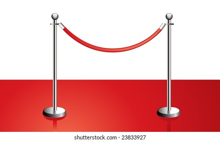 Portable Velvet Rope Barrier On Red Carpet, Vector Illustration Isolated On White