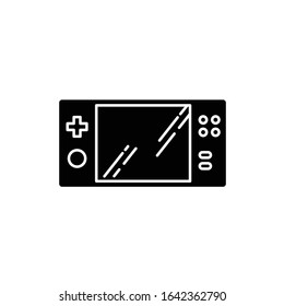 Portable video game console black glyph icon. Handheld gaming gadget with buttons. Pocket electronic device. Entertainment. Technology. Silhouette symbol on white space. Vector isolated illustration