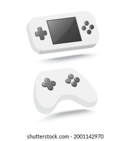 Portable video game console and game controller. Isometric colored vector illustration. Isolated on white background.