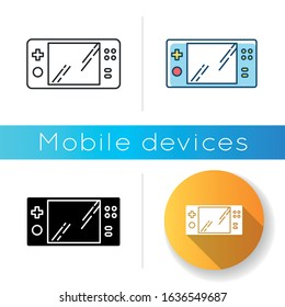 Portable Video Game Console Icon. Handheld Gaming Gadget With Buttons. Pocket Electronic Device For Playing Games. Entertainment. Linear Black And RGB Color Styles. Isolated Vector Illustrations