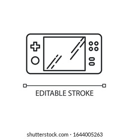 Portable video game console pixel perfect linear icon. Handheld gaming gadget with buttons. Thin line customizable illustration. Contour symbol. Vector isolated outline drawing. Editable stroke