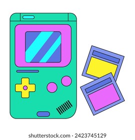 Portable video game console. Retro vintage video games. 90s nostalgia aesthetic. Old game handheld device. Gaming life. Childhood of the nineties. Old game console. Vector illustration