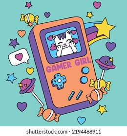 PORTABLE VIDEO GAME CONSOLE SURROUNDED BY SWEETS AND HEARTS