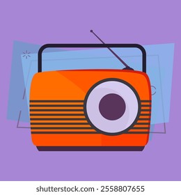 Portable vintage radio receiver. Orange set with speaker, antenna, volume control and handle. Vector illustration can be used for topics like news listening, broadcasting, fm channel