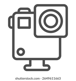 Icono de línea de cámara de acción portátil e impermeable, concepto de equipo óptico. Gráficos de Vector. Signo de la videocámara de la acción en el fondo blanco, icono del estilo del contorno para el móvil o el Diseño web