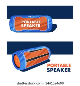Portable wireless speaker. Modern mobile audio gadget for connecting to other device. Vector illustration in flat style. Blue and orange digital stereo loudspeaker. Audio electronics promotion