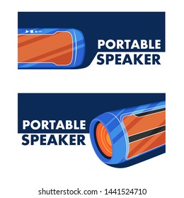 Portable wireless speaker. Modern mobile audio gadget for connecting to other device. Vector illustration in flat style. Blue and orange digital stereo loudspeaker. Audio electronics promotion