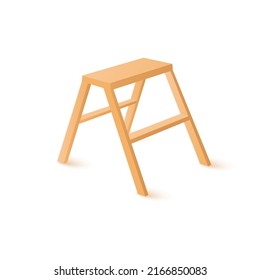 Portable wooden step ladder with one rung, realistic 3d vector illustration isolated on white background. Household ladder for renovation or construction works.