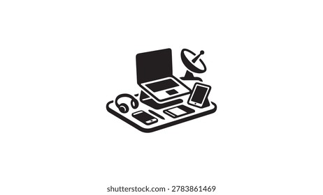 Portable workspace vector illustration icon pack featuring laptop tablet smartphone headphones satellite dish. This icon set showcases essential tech devices for remote work, including a laptop, tablet, smartphone, headphones, and a satellite dish, symbolizing wireless connectivity and digital nomad lifestyle. Perfect for illustrating remote work, freelancing, online collaboration, and modern tech workspace concepts. Ideal for presentations, infographics, app designs, and branding projects relat