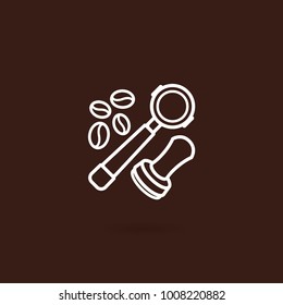 Portafilter icon. Equipment vector illustration with brown background. Coffee maker in flat line style. Vector lineart design of coffee barista equipment tools espresso tamper, porta filter