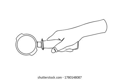 Portafilter vector illustration. One line coffee device. Hand holding portafilter single line drawing. portafilter for making coffee vector line illustration. Vector illustration.