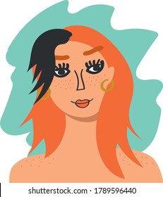 Portait of redhair freckled girl with black bangs. Head of young glamour beautiful woman with long hair. Female with clean skin without makeup. Body positive character vector illustration.