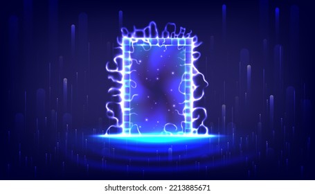 Portal to another universe with lightning. Teleport podium. Sci-fi magic gate in game fantasy. Podium for showing and display