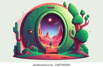 Portal to another world. Cartoon transition to another world. Vector illustration